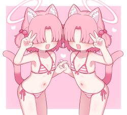 2girls :3 animal_ear_fluff animal_ears bikini blue_archive border cat_ears cat_girl cat_tail chlorella_observation_club_member_(blue_archive) chlorella_observation_club_member_(swimsuit)_(blue_archive) choker collarbone commentary_request cowboy_shot extra_ears faceless faceless_female fang flat_chest front-tie_bikini_top front-tie_top hair_bobbles hair_ornament hair_over_eyes halo heart highres holding_hands hot interlocked_fingers loli multiple_girls naga_u navel official_alternate_costume open_mouth outside_border pink_background pink_bikini pink_hair pink_halo pink_theme revision side-tie_bikini_bottom simple_background striped_bikini striped_clothes swimsuit symmetry tail two_side_up v white_border white_choker