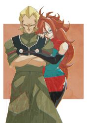 1boy 1girl aged_down android_21 bare_shoulders black_pantyhose black_vest blonde_hair blue_dress blue_eyes brown_hair checkered_clothes checkered_dress couple crossed_arms dr._gero_(dragon_ball) dragon_ball dragon_ball_fighterz dress earrings hetero highres jewelry long_hair looking_at_viewer no_eyebrows pantyhose red_dress short_hair stktik09060906 two-tone_dress vest watermark