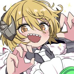 1girl :d an_apple_akaao blonde_hair claw_pose don_quixote_(project_moon) e.g.o_(project_moon) fluff grey_horns grey_shirt horns lantern_(e.g.o) limbus_company looking_at_viewer necktie open_mouth project_moon sharp_teeth sheep_horns shirt short_hair simple_background smile solo teeth upper_body white_background white_necktie yellow_eyes