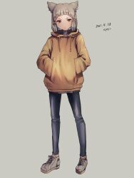 1girl animal_ears casual cat_ears commentary_request contemporary dated facial_mark flat_chest full_body grey_background grey_hair hands_in_pocket highres hood hood_down hoodie nia_(xenoblade) shoes short_hair simple_background skinny_jeans sneakers solo standing xenoblade_chronicles_(series) xenoblade_chronicles_2 yamamori_kinako yellow_eyes yellow_hoodie