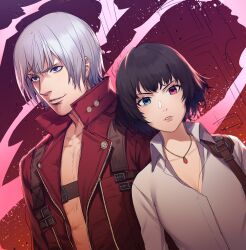 1boy 1girl absurdres black_hair blue_eyes coat collared_shirt dante_(devil_may_cry) devil_may_cry devil_may_cry_(series) devil_may_cry_3 green_eyes heterochromia highres jewelry lady_(devil_may_cry) necklace red_coat red_eyes shinidei shirt white_hair white_shirt