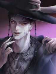 1boy abby_(kpop_demon_hunters) black_hair black_hanbok chain chain_necklace dong2342 facial_tattoo fangs fingernails gat_(hat) gatkkeun hanbok hand_tattoo hat jewelry korean_clothes korean_traditional_hat kpop_demon_hunters lips long_fingernails looking_at_viewer makeup male_focus neck_tattoo necklace nose open_mouth orange_pupils parted_bangs short_hair slit_pupils solo tattoo teeth yellow_eyes
