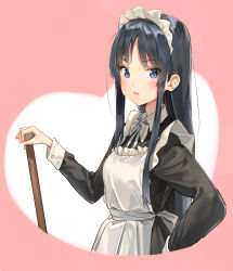 1girl :d absurdres akiyama_mio apron black_dress black_hair blue_eyes blush bow bowtie broom dress heart heart_background highres holding holding_broom k-on! long_hair long_sleeves maid maid_headdress mr1thonk open_mouth pink_background sidelocks simple_background smile solo two-tone_background upper_body white_apron white_background white_bow white_bowtie white_sleeve_cuffs wing_collar