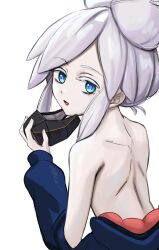 1girl blue_eyes blue_jacket colored_eyelashes commentary_request deux_murasame from_behind grey_hair gundam gundam_gquuuuuux hair_bun highres holding holding_mask hoshimiya_aki jacket long_sleeves looking_at_viewer looking_back mask mouth_mask parted_lips puffy_long_sleeves puffy_sleeves shoulder_blades simple_background solo unworn_mask upper_body white_background