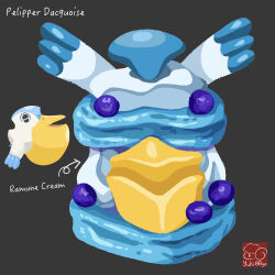 arrow_(symbol) artist_logo artist_name blueberry character-themed_food character_name cream dacquoise food food_focus food_name fruit gen_3_pokemon grey_background highres logo nintendo no_humans pelipper pokemon pokemon_(creature) simple_background yuki00yo