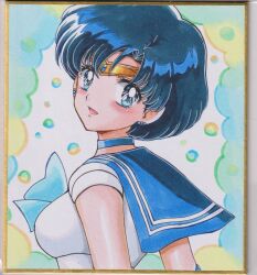 1girl back_bow bishoujo_senshi_sailor_moon blue_choker blue_eyes blue_hair blue_sailor_collar bow choker collarbone commentary earrings elbow_gloves gloves highres jewelry looking_at_viewer looking_back magical_girl mizuno_ami sailor_collar sailor_mercury sailor_senshi_uniform short_hair skirt smile solo stud_earrings user_kztc4472 white_gloves