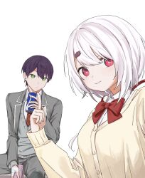 1boy 1girl absurdres bandaged_hand bandages blazer bow bowtie buttons can cardigan collared_shirt drink_can green_eyes grey_jacket grey_sweater_vest hair_ornament hair_ribbon hairclip highres holding holding_can index_finger_raised jacket kenmochi_touya lapels long_hair low_ponytail necktie nijisanji notched_lapels pants pink_eyes po_(po_495) ponytail purple_hair red_bow red_bowtie red_necktie ribbon shiina_yuika shirt short_hair simple_background sitting smile sweater_vest very_short_hair virtual_youtuber white_background white_hair white_shirt yellow_cardigan