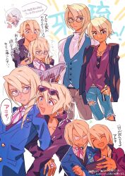 Rule 34 | 2boys, absurdres, ace attorney, age comparison, age difference, aged down, apollo justice: ace attorney, belt, black jacket, blonde hair, blue suit, brothers, brown pants, chibi, chibi inset, chin rest, collared shirt, denim, drill hair, earrings, eyewear hang, eyewear on head, formal clothes, grgrton, hair between eyes, head on head, head rest, highres, holding, holding phone, jacket, jeans, jewelry, klavier gavin, kristoph gavin, lapel pin, lapels, long hair, male focus, multiple boys, multiple rings, multiple views, neck ribbon, necklace, outline, pants, phone, pink ribbon, playing with another&#039;s hair, ribbon, ring, selfie, shirt, short hair, siblings, side drill, simple background, single earring, suit, sunglasses, sweatdrop, text background, torn clothes, torn jeans, torn pants, unworn eyewear, vest, waistcoat, white background, white outline, white shirt