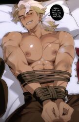1boy abs afk_(series) afk_journey bdsm bed blush bondage bound bound_wrists brown_eyes brown_hair brown_pants bruise bruise_on_arm chariko collarbone commentary cowboy_shot ear_piercing earrings english_commentary facial_hair feet_out_of_frame goatee_stubble highres injury jewelry long_hair lying male_focus multiple_earrings muscular muscular_male nipple_piercing nipples on_back pants pectorals piercing pillow ponytail scar scar_on_arm scar_on_chest scar_on_face scar_on_shoulder short_sideburns sinbad_(afk) smile solo speech_bubble stubble sweat teeth white_hair