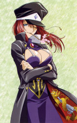 Rule 34 | 00s, 1girl, blue eyes, breasts, cherry blossoms, cleavage cutout, clothing cutout, crossed arms, delinquent, female focus, forte stollen, gakuran, galaxy angel, hat, large breasts, monocle, mouth hold, no bra, peaked cap, red hair, school uniform, solo, sukeban, tagme
