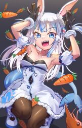 1girl :d animal_ears armpits bare_shoulders black_background black_gloves blue_eyes blue_hair breasts brown_pantyhose carrot cleavage collarbone commentary cosplay ebi-chan_(gawr_gura) english_commentary fins fish_tail freeze-ex gawr_gura gloves hair_ornament hands_up highres hololive hololive_english long_hair looking_at_viewer medium_hair multicolored_hair open_mouth pantyhose rabbit_ears shark_girl shark_hair_ornament shark_tail sharp_teeth shoes short_twintails shrimp small_breasts smile solo squatting streaked_hair tail teeth twintails usada_pekora usada_pekora_(1st_costume) usada_pekora_(cosplay) virtual_youtuber white_hair white_shoes