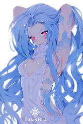 arm_tattoo armpits arms_behind_head artist_name blue_hair breasts bunnixia cleavage cleavage_cutout clothing_cutout cloud_tattoo glowing glowing_eyes jinx_(league_of_legends) league_of_legends long_hair looking_at_viewer meme_attire pink_eyes shiny_skin simple_background small_breasts smile solo stomach_tattoo sweater tattoo teeth turtleneck turtleneck_sweater upper_teeth_only very_long_hair virgin_killer_sweater white_background white_sweater