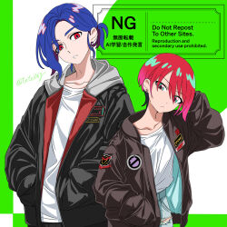 1girl amate_yuzuriha aqua_eyes black_jacket blue_hair breasts colored_inner_hair gundam gundam_gquuuuuux highres hood hooded_jacket hoodie jacket long_sleeves looking_at_viewer multicolored_hair open_clothes open_jacket ponytail purple_hair red_eyes red_hair shirt short_hair shuji_ito tete06g two-tone_hair upper_body white_shirt