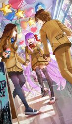 1boy 2girls :d archetype_inception_(fate/grand_order) balloon bb_(fate) bb_(fate/extra) bisexual_female black_pantyhose black_thighhighs blazer blue_bow blue_bowtie bow bowtie breasts brown_eyes brown_hair brown_jacket brown_pants brown_skirt closed_eyes closed_mouth commentary_request dutch_angle fate/grand_order fate_(series) food hair_ribbon hallway happy heart_balloon holding holding_food holding_hands indoors jacket kingprotea_(fate) kishinami_hakuno_(female) kishinami_hakuno_(male) large_breasts long_hair long_sleeves mary_janes medium_hair miniskirt multiple_girls official_art open_mouth pants pantyhose parted_lips pleated_skirt purple_hair red_bow red_bowtie red_ribbon ribbon school shaved_ice shoes sidelocks single_sidelock skirt smile star_balloon takenoko_seijin thighhighs third-party_source tsukumihara_academy_uniform_(fate/extra) very_long_hair white_shoes window