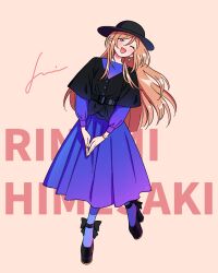 Rule 34 | belt, black hat, blue eyes, bracelet, brown hair, character name, dress, earrings, full body, gakuen idolmaster, gradient clothes, gradient dress, hair between eyes, hat, highres, himesaki rinami, idolmaster, jennie congee, jewelry, layered clothes, long hair, long sleeves, one eye closed, own hands together, platform heels, puffy long sleeves, puffy sleeves, simple background, strappy heels, wide sleeves