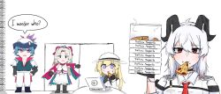 Rule 34 | 1boy, 3girls, ahoge, armband, black armband, black choker, black collar, black eyes, black gloves, black horns, blonde hair, blue eyes, blue hair, blue shirt, bow, box, brant (wuthering waves), carlotta (wuthering waves), chest harness, choker, collar, collarbone, collared shirt, commentary, curled horns, dress, eating, english commentary, english text, food, gloves, hair between eyes, hair bow, hair ornament, harness, hat, hawaiian pizza, highres, holding, holding box, holding food, holding pizza, horns, jacket, logo, long hair, looking at viewer, multicolored eyes, multicolored hair, multiple girls, necktie, pants, phoebe (wuthering waves), pineapple on pizza, pink bow, pink jacket, pizza, pizza box, purple eyes, red eyes, red necktie, shirt, short hair, simple background, streaked hair, sweatdrop, tenrino, tricorne, two-tone eyes, white background, white dress, white hair, white hat, white pants, white shirt, wuthering waves, x hair ornament, zani (wuthering waves)