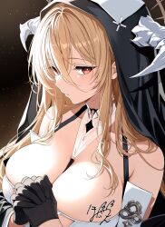 1girl azur_lane bare_shoulders between_breasts bikini black_gloves black_veil breasts cleavage commentary_request eyepatch_bikini forward-facing_horns gloves hair_between_eyes highres honyara-san horns implacable_(azur_lane) large_breasts light_particles long_hair long_hair_between_eyes looking_at_viewer nun own_hands_together red_eyes signature solo strap_between_breasts swimsuit upper_body veil white_bikini white_horns