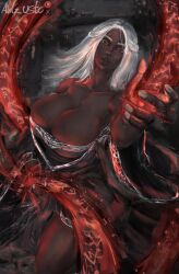 Rule 34 | 1girl, absurdres, artist name, awg usto, bare shoulders, black dress, breasts, cleavage, colored eyelashes, commentary, cowboy shot, dark-skinned female, dark skin, dress, elden ring, elden ring nightreign, english commentary, highres, huge breasts, low neckline, nail polish, patreon logo, recluse (elden ring), solo, twitter logo, very dark skin, white eyelashes, white hair, white nails