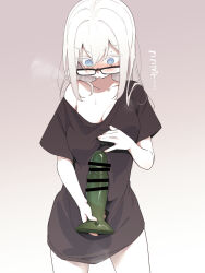1girl asutora asutora-chan bar_censor black-framed_eyewear black_shirt blue_eyes breasts brown_background censored commentary dildo glasses gradient_background highres holding holding_sex_toy medium_breasts medium_hair mole mole_under_eye original sex_toy shirt short_sleeves single_off_shoulder solo t-shirt translated white_hair
