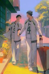 2boys absurdres akaashi_keiji black_hair bokuto_koutarou building commentary fence full_body grey_hair haikyuu!! hashtag-only_commentary highres holding holding_hands jacket looking_back male_focus multicolored_hair multiple_boys open_clothes open_jacket open_mouth outdoors pants plant popped_collar potted_plant rolling_suitcase shirt shoes short_hair sideburns smile streaked_hair suitcase sunset teeth track_jacket tree upper_teeth_only v-neck walking white_pants white_shoes yaoi yellow_eyes zeva0326