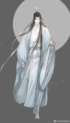 1boy bishounen black_hair boots chinese_clothes closed_mouth faux_traditional_media flower full_body full_moon grey_background hanfu headband highres holding holding_flower ink_wash_painting kcllzas163 lan_wangji light_particles long_hair long_sleeves looking_at_viewer male_focus modao_zushi moon pink_flower robe sash sleeves_past_wrists solo standing third-party_source topknot watermark weibo_watermark white_boots white_hanfu white_headband wide_sleeves xiao_guan_(headdress) yellow_eyes