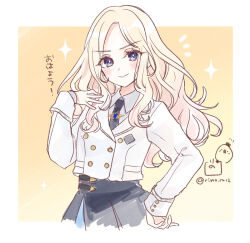 &gt;:) 1girl black_necktie black_skirt blazer blonde_hair blue_eyes blush brown_background closed_mouth collared_shirt commentary_request forehead gakuen_idolmaster hand_up idolmaster jacket juo_sena long_hair long_sleeves looking_at_viewer necktie notice_lines parted_bangs pleated_skirt rino_cnc school_uniform shirt skirt sleeves_past_wrists smile solo translation_request twitter_username v-shaped_eyebrows very_long_hair white_jacket white_shirt