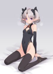 :o black_leotard black_ribbon black_thighhighs breasts cleavage_cutout clothing_cutout commentary_request covered_navel detached_sleeves earrings elf gem grey_hair highleg highleg_leotard jewelry kirishima_satoshi leotard on_bed original pointy_ears purple_eyes red_gemstone ribbon silver_earrings sitting small_breasts thighhighs twintails wariza