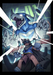 1boy blue_headband blue_scales blue_shirt bly_mead brown_cloak brown_hair brown_shorts cloak digimon digimon_(virtual_pet) digimon_adventure_v-tamer_01 dragon gloves glowing glowing_eyes goggles goggles_on_head headband highres male_focus shirt shorts v-dramon virtual_pet_(toy) white_gloves yagami_taichi_(digimon_adventure_v-tamer_01) zeromaru_(digimon)
