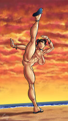 1girl anklet beach bracelet breasts capcom chun-li commission evening facing_viewer full_body high_kick highres jewelry kicking looking_up muscular muscular_female nude pussy sandals sorje street_fighter water