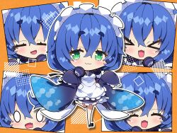 &gt;_&lt; 0_0 1girl :3 :d ^_^ apron black_shoes blue_dress blue_hair blush chibi chibi_only closed_eyes closed_mouth commentary_request dress fang frilled_apron frilled_dress frills green_eyes hair_between_eyes hands_up highres leg_up long_sleeves looking_at_viewer maid maid_headdress milkpanda open_mouth orange_background original outline shoes short_hair skin_fang smile standing standing_on_one_leg thick_eyebrows white_apron white_outline wide_sleeves xd