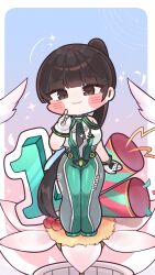 1girl black_hair bodysuit countdown_illustration deformed eve_(stellar_blade) green_bodysuit highres long_hair looking_at_viewer necktie official_art party_popper planet_diving_suit_(7th)_(stellar_blade) ponytail smile stellar_blade very_long_hair