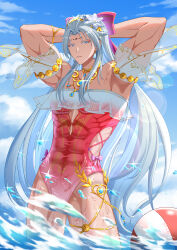 1boy abs absurdres arms_behind_back arms_up ball beachball blue_eyes blue_sky bow calcharo_(wuthering_waves) carlotta_(splashing_summer)_(wuthering_waves) carlotta_(wuthering_waves) casual_one-piece_swimsuit commentary_request cowboy_shot crossdressing crossdressing_(mtf) cutout_above_navel day earrings frilled_one-piece_swimsuit frills grey_hair hair_bow highres jewelry long_hair looking_at_viewer male_focus mdzzrbq233 muscular muscular_male ocean one-piece_swimsuit outdoors parted_lips pink_bow pink_one-piece_swimsuit sidelocks sky solo striped_bow swimsuit tacet_mark_(wuthering_waves) thighs very_long_hair wuthering_waves