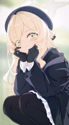 1girl :3 anocco beret black_coat black_gloves black_hat black_pantyhose black_sailor_collar black_serafuku blonde_hair blue_archive blurry blurry_background blush bow bowtie closed_mouth coat commentary fluffy_hair gloves green_eyes halo hands_on_own_cheeks hands_on_own_face hat highres long_hair long_sleeves looking_at_viewer open_clothes open_coat outd pantyhose professor_niyaniya_(blue_archive) red_bow red_bowtie sailor_collar school_uniform serafuku skirt smile solo squatting yellow_halo