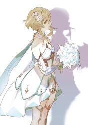 1girl bare_shoulders blonde_hair boots bouquet breasts collared_cape dress feet_out_of_frame flower genshin_impact hair_between_eyes hair_flower hair_ornament halter_dress halterneck high-low_dress highres holding holding_bouquet lumine_(genshin_impact) meameeea medium_breasts orange_eyes parted_lips short_hair short_hair_with_long_locks sidelocks smile solo thigh_boots white_background white_boots white_dress