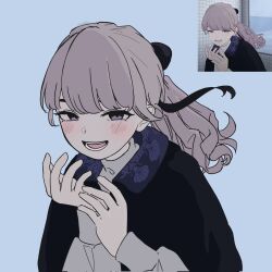 1girl black_ribbon black_shawl blue_background blush brown_hair character_name derivative_work hair_ribbon half-closed_eyes highres lapwing_(vrchat) laughing looking_at_viewer natsuzusakii open_mouth ponytail purple_eyes reference_inset ribbon screenshot_inset screenshot_redraw shawl solo vrchat