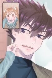 1boy 1girl blue_lock coat couple dated half_up_hair highres karasu_tabito m15391599 male_focus orange_eyes orange_hair parted_bangs ribbon turtleneck