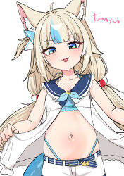 1girl absurdres animal_ear_fluff animal_ears bikini bikini_under_clothes blonde_hair blue_bikini blue_eyes blue_hair blue_sailor_collar cat_ears doroshe_(sdpw8474) fins fish_girl fish_tail flat_chest halterneck highres indie_virtual_youtuber long_hair looking_at_viewer low_twintails midriff multicolored_hair navel open_mouth sailor_collar sameko_saba shorts solo streaked_hair swimsuit tail twintails very_long_hair virtual_youtuber white_shorts
