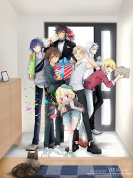 absurdres birthday black_footwear black_jacket black_pants blonde_hair blue_hair blue_jacket blue_pants bouquet bow bowtie box brown_hair cao_cao_(high_school_dxd) cat character_request doorway eyewear_on_head flower gasper_vladi gift gift_box grey_hoodie grey_shirt high_school_dxd highres hood hoodie hyoudou_issei jacket kiba_yuuto mat multiple_boys pants red_eyes ria_a9 sairaorg_bael saji_genshirou shirt shorts silver_hair tuxedo vali_lucifer vampire white_footwear white_shirt