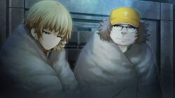 Rule 34 | 1boy, 1girl, amane suzuha, amane suzuha (beta), baseball cap, black jacket, blue jacket, blue track suit, braid, brown hair, collared shirt, cropped jacket, fat, fat man, father and daughter, frown, fur blanket, game cg, green eyes, green shirt, hair rings, hashida itaru, hat, high collar, highres, huke, indoors, jacket, jacket over jacket, leather, leather jacket, looking at another, looking down, midriff, non-web source, official art, open collar, ringed eyes, shirt, smile, steins;gate, steins;gate 0, track jacket, track suit, twin braids, twintails, wrapped in blanket, yellow eyes, yellow hat