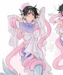 2girls alien_stage black_hair blush commentary dress earrings english_commentary english_text fins hairband head_fins heart highres jewelry mermaid mizi_(alien_stage) monster_girl multiple_girls pearl_earrings purple_eyes purple_scales pussy scales short_hair sua_(alien_stage) tentacles the_quipper uncensored white_dress white_hairband yuri