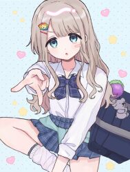 1girl :o aqua_sweater bag blue_background blue_bag blue_bow blue_bowtie blue_eyes blue_skirt blush_stickers bow bowtie checkered_bow checkered_bowtie checkered_clothes checkered_skirt clothes_around_waist commentary_request dot_nose gyaru gyaru_v hair_ornament hairclip hand_up heart highres idolmaster idolmaster_shiny_colors leg_warmers legs light_brown_hair lion_hair_ornament long_hair long_sleeves looking_at_viewer official_alternate_hair_length official_alternate_hairstyle serizawa_asahi shirt shoulder_bag side_mumu sidelocks skirt skirt_rolled_up solo star_(symbol) stuffed_koala sweater sweater_around_waist thighs v v-shaped_eyebrows wavy_hair white_leg_warmers white_shirt