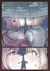 Rule 34 | 2girls, absurdres, black border, blonde hair, blue eyes, blush, border, closed mouth, collared shirt, commentary request, from behind, hakui koyori, highres, hololive, kazama iroha, kiss, multiple girls, open mouth, outdoors, pink hair, purple eyes, rain, shirt, short hair, sweat, tora (nanamiiill), umbrella, virtual youtuber, white shirt, yuri