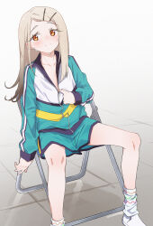Rule 34 | 1girl, absurdres, blonde hair, blush, chair, closed mouth, commentary request, folding chair, gakuen idolmaster, gradient hair, hair ornament, hairclip, highres, idolmaster, jacket, long hair, multicolored hair, on chair, orange eyes, partially unzipped, shinosawa hiro, shoes, shorts, sitting, socks, solo, sugidoritos, sweat, white shoes, white socks, zipper, zipper pull tab