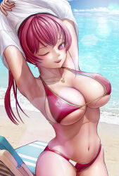 ;d armpits arms_up awo_noura beach beach_towel bikini blue_sky breasts cleavage clothes_lift cloud collarbone day gold_necklace heart heart_necklace highres hololive houshou_marine houshou_marine_(summer) jewelry large_breasts lifting_own_clothes looking_at_viewer navel necklace ocean one_eye_closed open_mouth outdoors red_bikini red_eyes red_hair shirt_lift sky smile stomach swimsuit towel virtual_youtuber