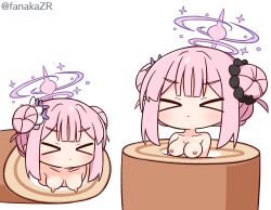 &gt;_&lt; 1girl blue_archive blush breasts cake closed_eyes closed_mouth collarbone double_bun empty_eyes flower food hair_bun hair_flower hair_ornament halo hana_kazari highres in_food medium_breasts mika_(blue_archive) mini_person minigirl multiple_views nipples nude pink_hair purple_flower revision sidelocks simple_background swiss_roll twitter_username v-shaped_eyebrows white_background