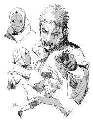 Rule 34 | 1boy, ?, black gloves, blood, blood on face, full body, gloves, greyscale, heterochromia, highres, looking at viewer, male focus, mask, monochrome, multiple views, naruto (series), naruto shippuuden, ninja, open mouth, pointing, pointing at viewer, rinnegan, sharingan, short hair, simple background, solo, spiked hair, uchiha obito, upper body, white background, zifletts