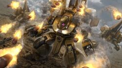 absurdres beam_cannon beam_rifle chest_cannon cloud cloudy_sky contrail desert dutch_angle energy_gun firing glowing glowing_eye gundam gundam_battle_operation_2 gundam_zz highres holding holding_weapon itano_circus machinery mecha mecha_focus missile missile_pod mobile_suit neo_zeon official_art one-eyed painting_(medium) purple_eyes realistic robot scan science_fiction sky smoke tenjin_hidetaka thrusters traditional_media weapon zssa