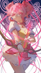 1girl arrow_(projectile) blush bow_(weapon) closed_mouth drawing_bow dress gloves hair_between_eyes hair_ribbon highres holding holding_arrow holding_bow_(weapon) holding_weapon kaname_madoka looking_at_viewer mahou_shoujo_madoka_magica mahou_shoujo_madoka_magica_(anime) nieo_(kxas4325) petticoat pink_dress pink_eyes pink_hair pink_ribbon red_brooch ribbon short_hair short_sleeves short_twintails solo twintails weapon white_gloves