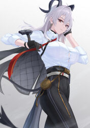Rule 34 | 1girl, arm pouch, black choker, black eyes, black gloves, black horns, black jacket, black pouch, breasts, button gap, chest harness, choker, closed mouth, collared shirt, commentary, cowboy shot, curled horns, earrings, gloves, hand up, harness, highres, horns, jacket, jacket on shoulders, jewelry, key earrings, large breasts, looking at viewer, mole, mole under eye, multicolored eyes, paid reward available, pants, red eyes, shirt, shirt tucked in, shu-ri, solo, tight clothes, tight pants, two-tone eyes, white shirt, wuthering waves, zani (wuthering waves)