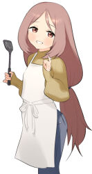 Rule 34 | 1girl, apron, blush, brown eyes, brown hair, cowboy shot, female focus, holding, holding spatula, kai-o, long hair, long sleeves, looking at viewer, original, simple background, sleeves past wrists, smile, solo, spatula, standing, teeth, very long hair, white apron, white background